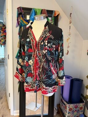 Citron Black Floral Embroidered Button-Down Top with Red Accents